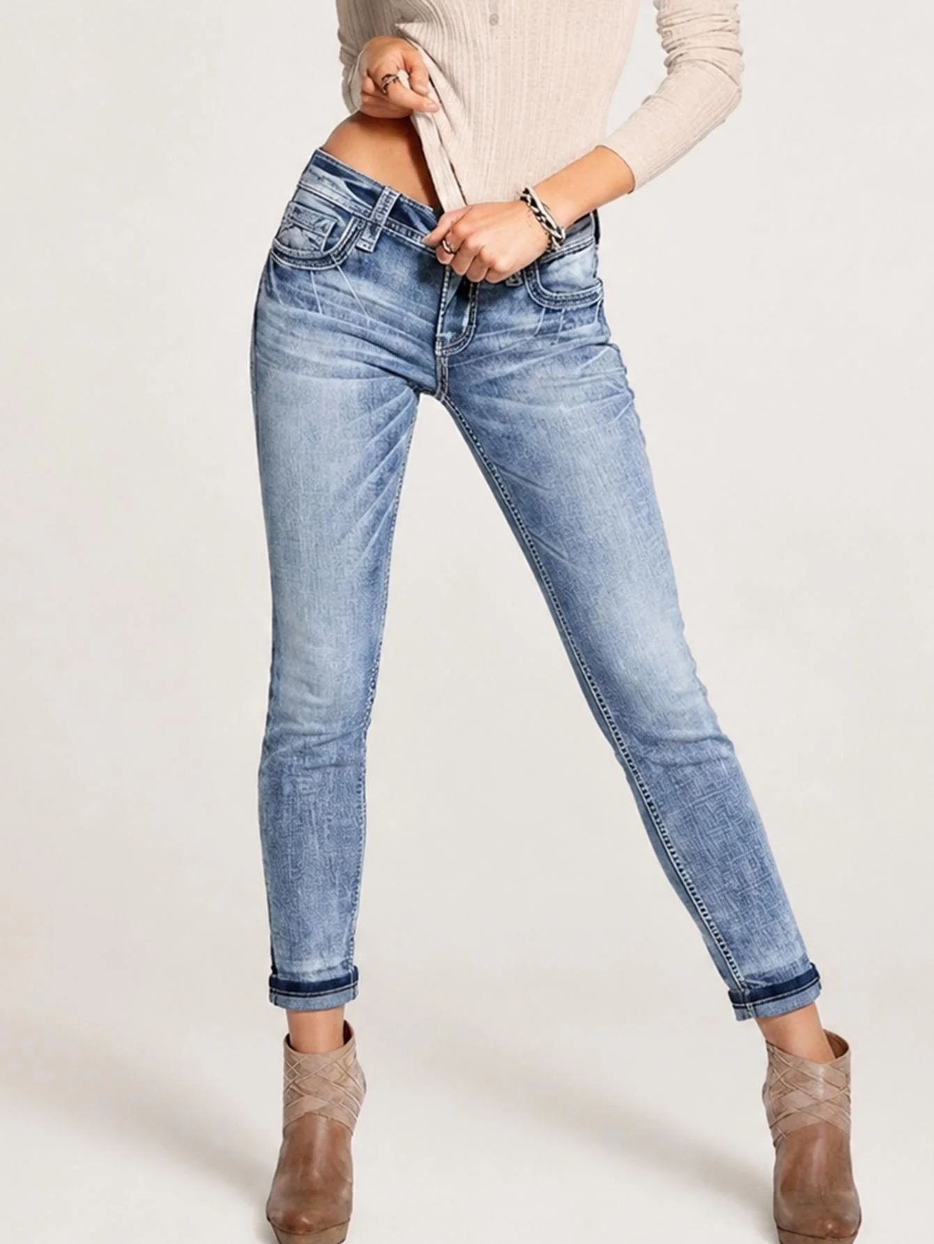 Women's High-Waist Cuffed Faded Jeans - Retro 90s Country Soft Stretch Denim, Gorgeous Floral Embroidery, Shiny Rhinestones,