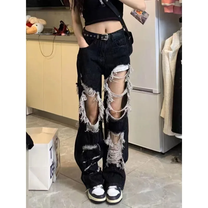 

Women's Ripped High Waist Jeans with Burrs and Tassels Loose Wide Leg Pants Spring and Summer Straight Mop Pants Black Y2k Pants