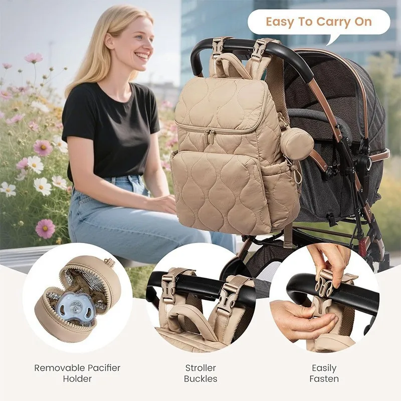 Mommy Backpack with Waterproof Diaper Pad Travel Diaper Bag Fashionable Baby Diaper Bag Quilted Puffy Lightweight Padded Daypack
