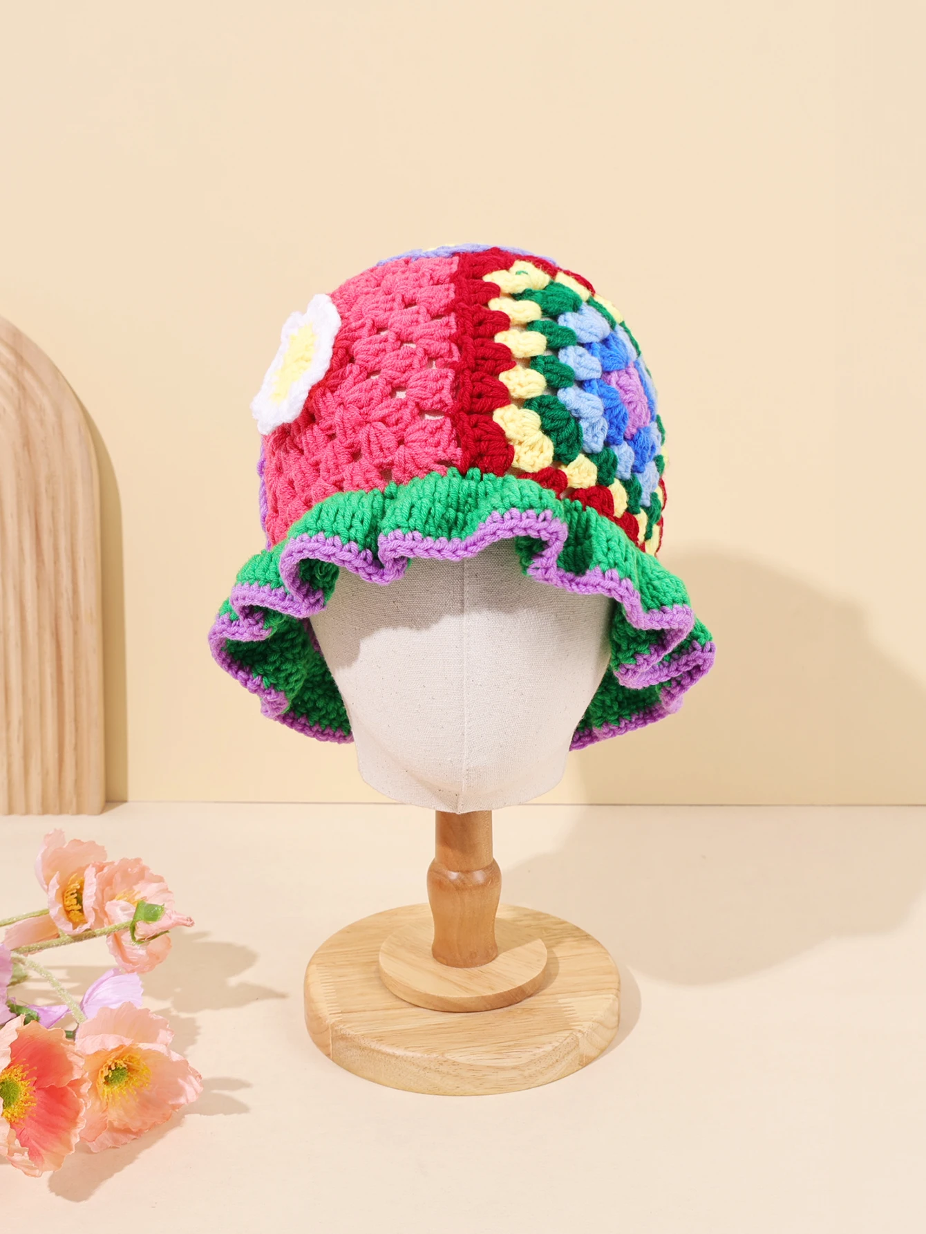 1PCFlower قبعة حوض الصوف مع العزل محبوك جوفاء، قبعة صياد/قبعة الحوض يمكن ارتداؤها مرتين #1