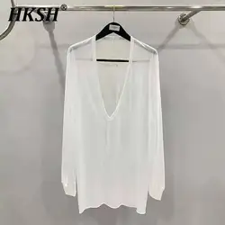 HKSH Summer Spring New Men's Tide Dark V-Neck Thin Knitted Long Sleeve Solid Color T-shirt Chic Fashion Punk Dark Tees HK2010