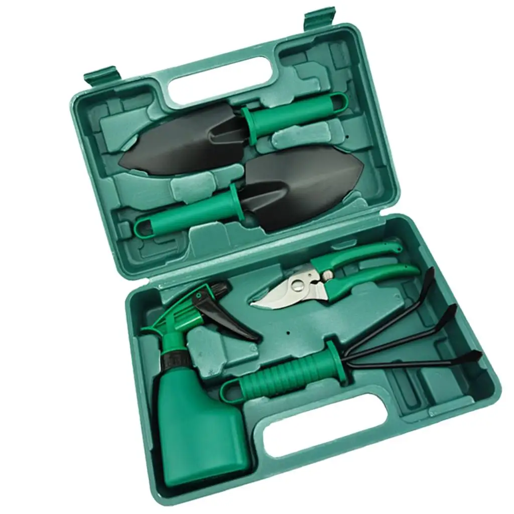 

Набор садовых инструментов, 5 шт., садовые инструменты, нескользящая ручка с антикоррозийными краями, грабли, секатором, распылителем воды и футляром