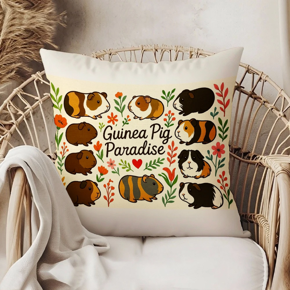 Square Throw Pillow Cream Guinea Pig Paradise Cartoon Animal Floral Print Decorative Cushion For Living Room Bedroom Sofa Chair