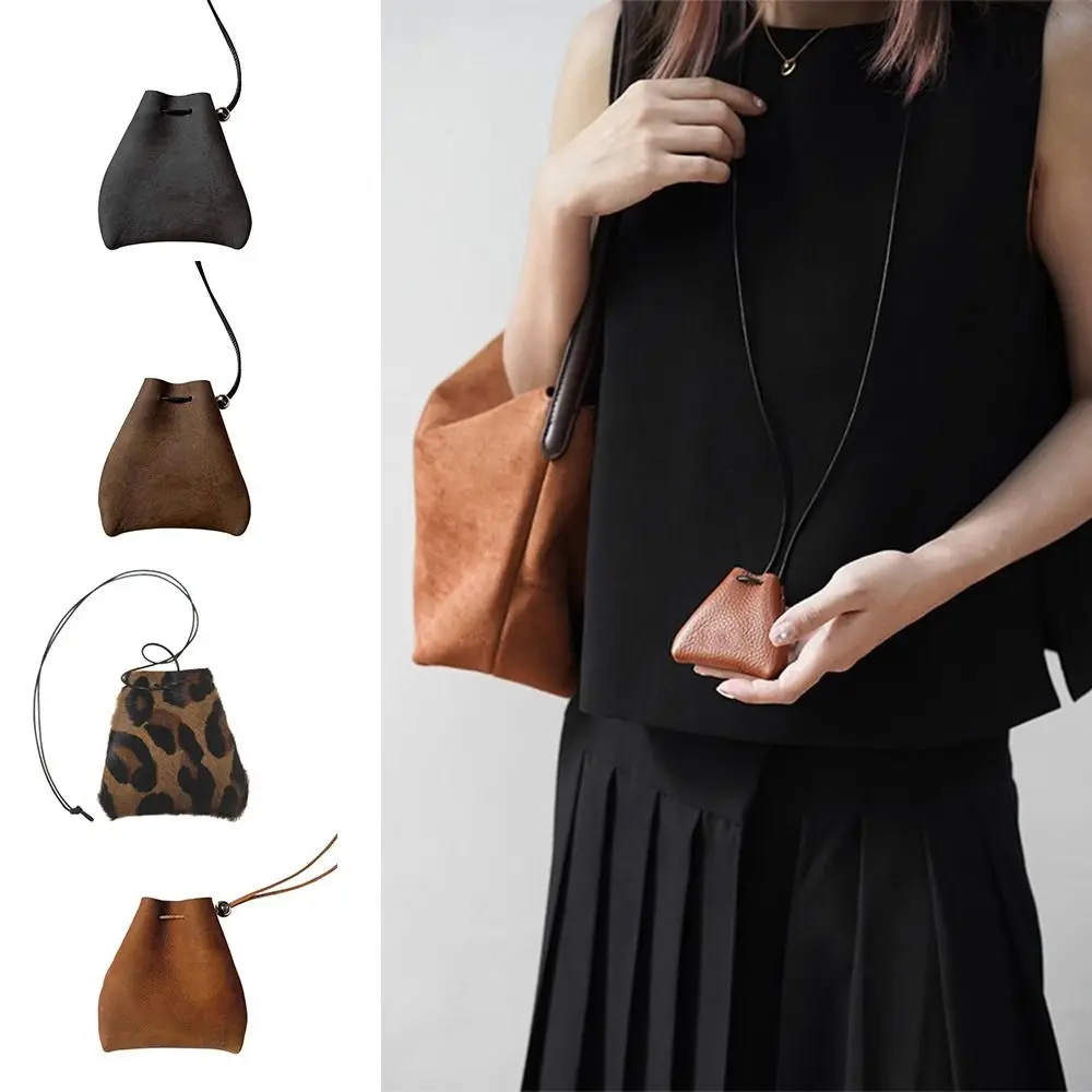 PU 스웨이드 가방 목걸이, 긴 스트랩 동전 지갑 펜던트, 착용 열쇠 가방 목걸이, 레오파드 무늬 스웨터 체인 목걸이