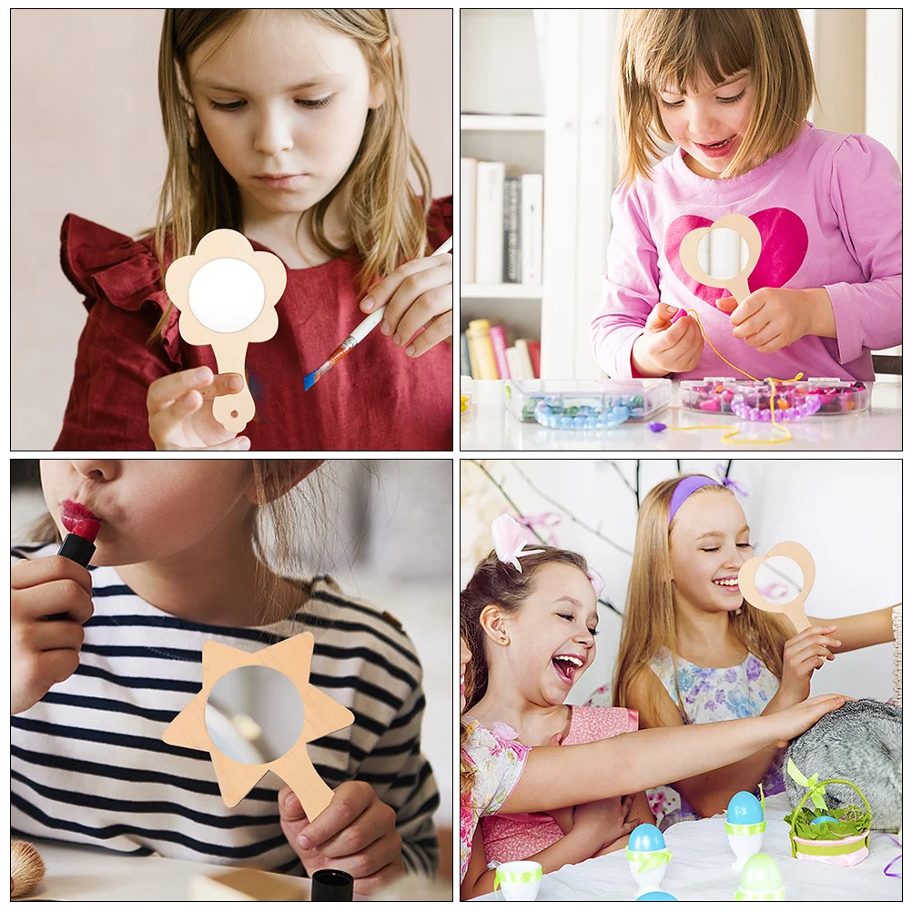 

9 pcs Diy Wooden Kids Painting Craft Set Handmade Educational Plaything Unfinished Handheld Mirror Blank Diy Materials
