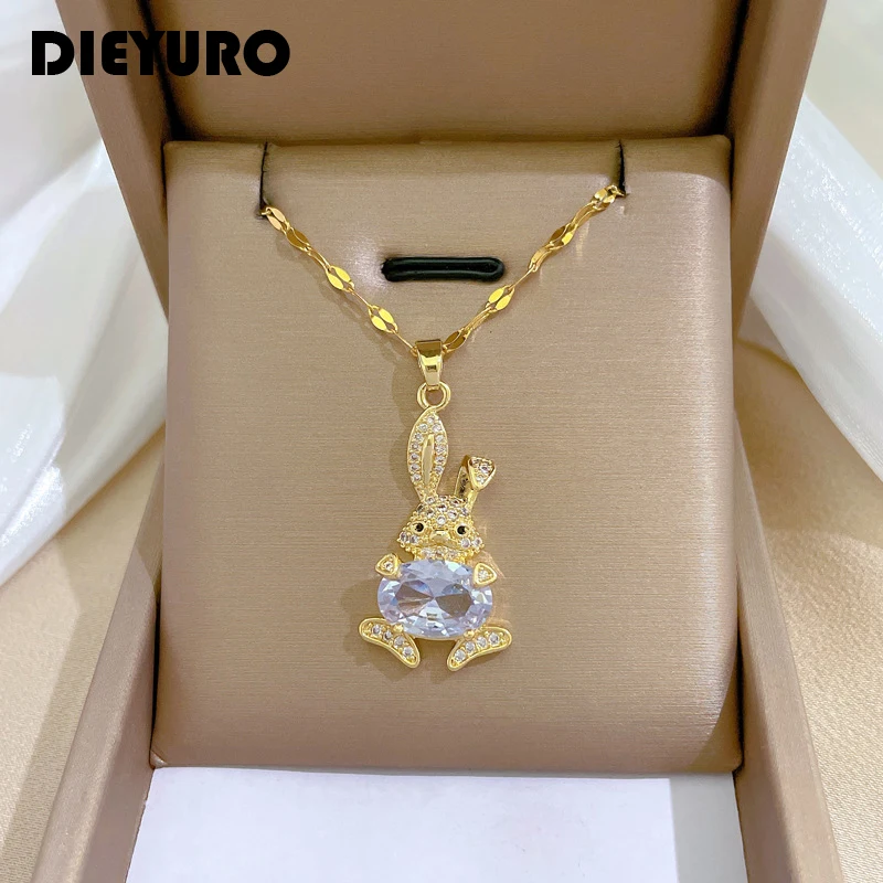 DIEYURO 316L Stainless Steel Rabbit Bunny Pendant Necklace For Women Girl New Luxury Zircon Clavicle Chain Jewelry Gift Party