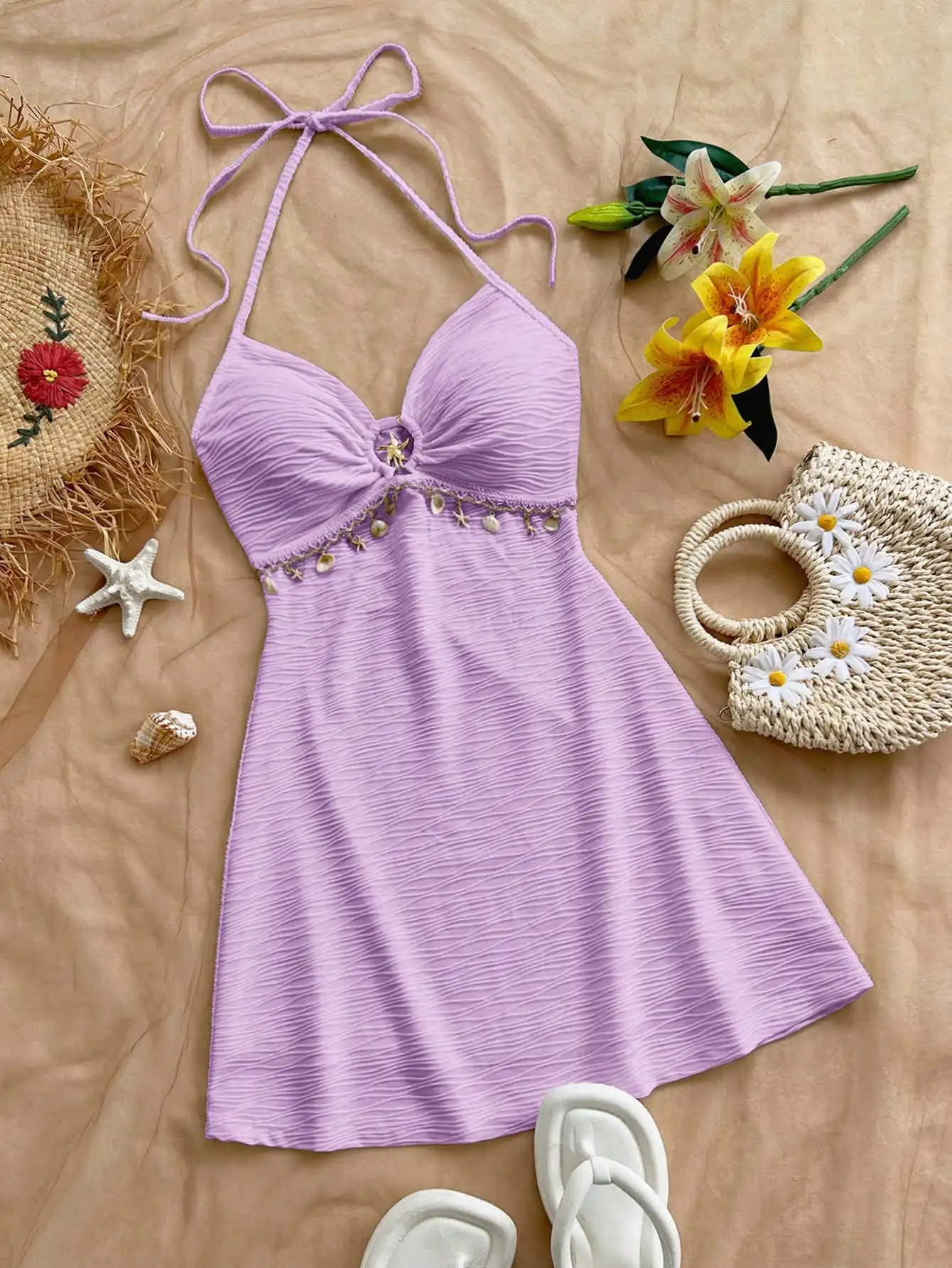 

Повседневное пляжное мини-платье в стиле бохо с декором из ракушек, с воротником-халтер, А-силуэт, летнее платье