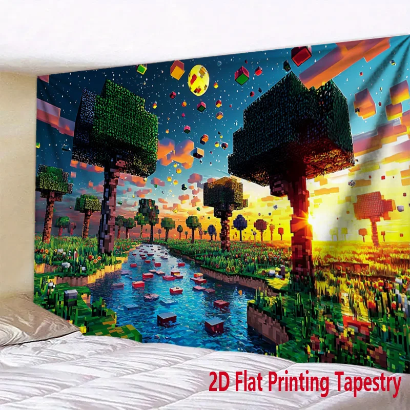 2D Flat, 1pc Retro Video Game Pixel River Sunset Tapestry Wall Hanging - Voxel Nature Landscape Suitable for Home, Office Decor