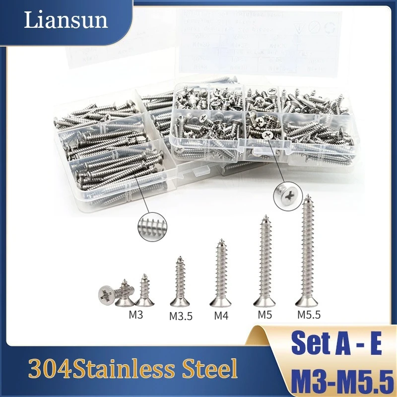 155-450Pcs Countersunk Flat Head Cross Tapping Screws Set M3/3.5 M4 M5 M5.5 304 Stainless Steel Phillips Self Tapping Wood Screw