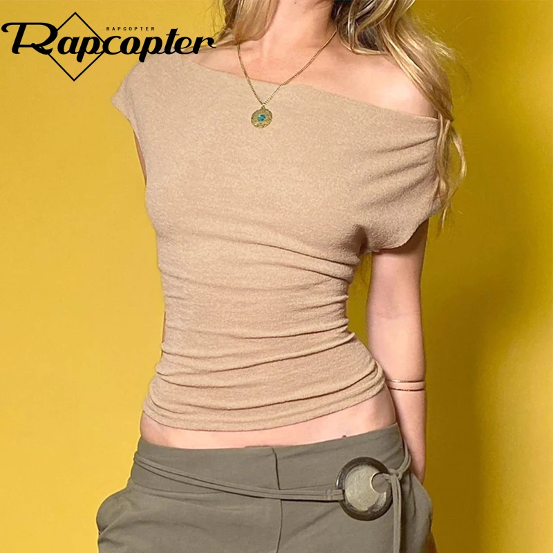 Rapcopter y2k Solid Crop Top Folds Slash Neck Short Sleeve T Shirt Women Summer Harajuku Basic Casual Tee Korean Pullovers New