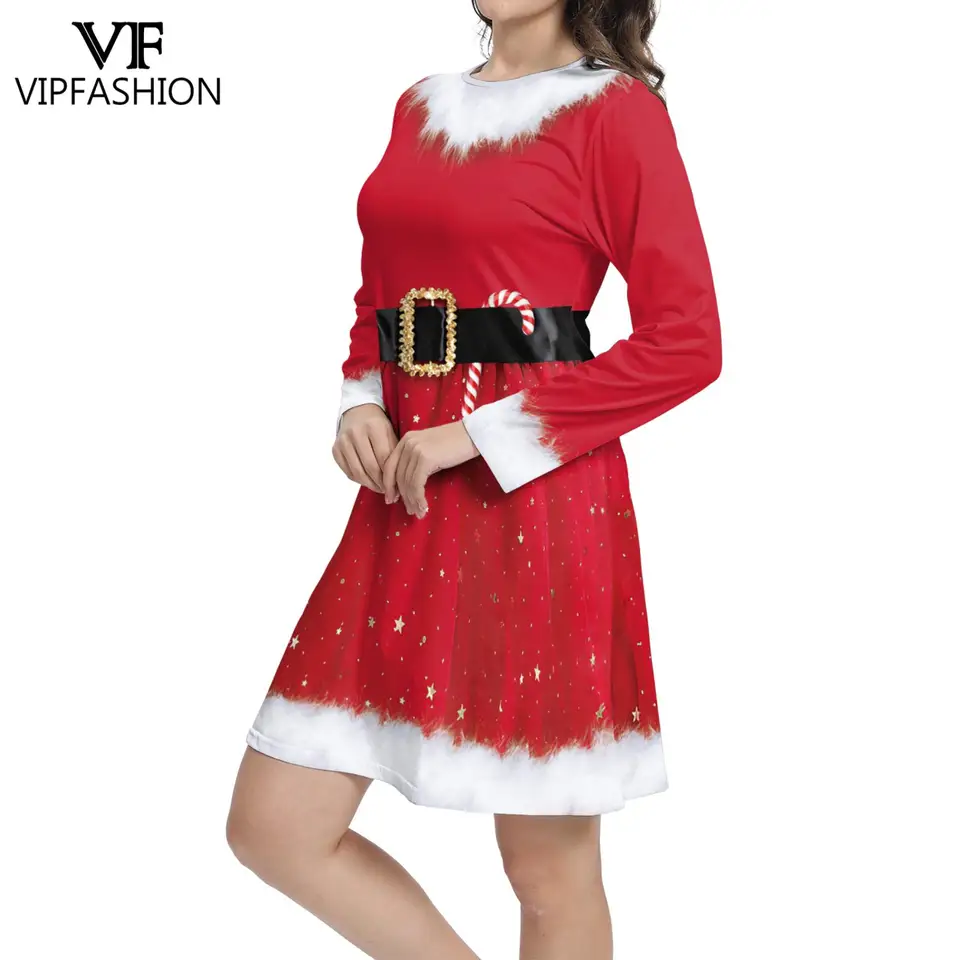 VIP FASHION Elf Dwarf Cospaly Dresses for Women 3D Printed Christmas Party  Dress Fancy Xmas Costume Long Sleeved Holiday Clothes