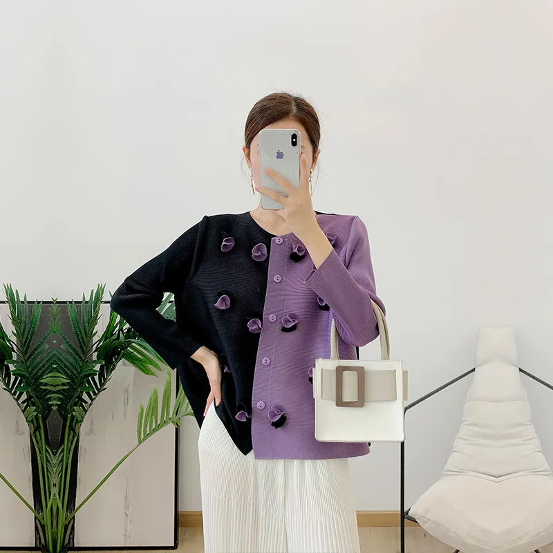 จีบ Single-breasted สามมิติดอกไม้เสื้อแจ็คเก็ตสั้นผู้หญิง 2025 ฤดูร้อนใหม่แฟชั่นอเนกประสงค์เสื้อสเวตเตอร์ถักเสื้อยืด