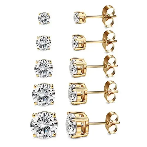 

5PCS Fashion Gold Geometric Four Claws Zircon Earrings Silver Titanium Steel Crystal Earrings for Women Birthday Party Jewelry