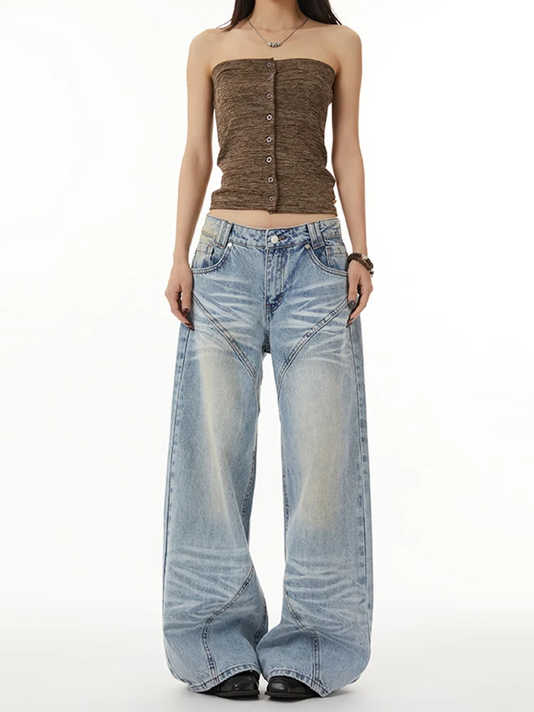 

Светло-голубые женские джинсы в американском стиле Moonlight с низкой посадкой, широкими штанинами, свободного кроя, удлиненные, прямые, визуально стройнящие