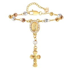 Tir-color Rosary Cross Bead Charm Link Chain Bracelet for Women, Adjustable Chain Jesus Cruz Jewelry