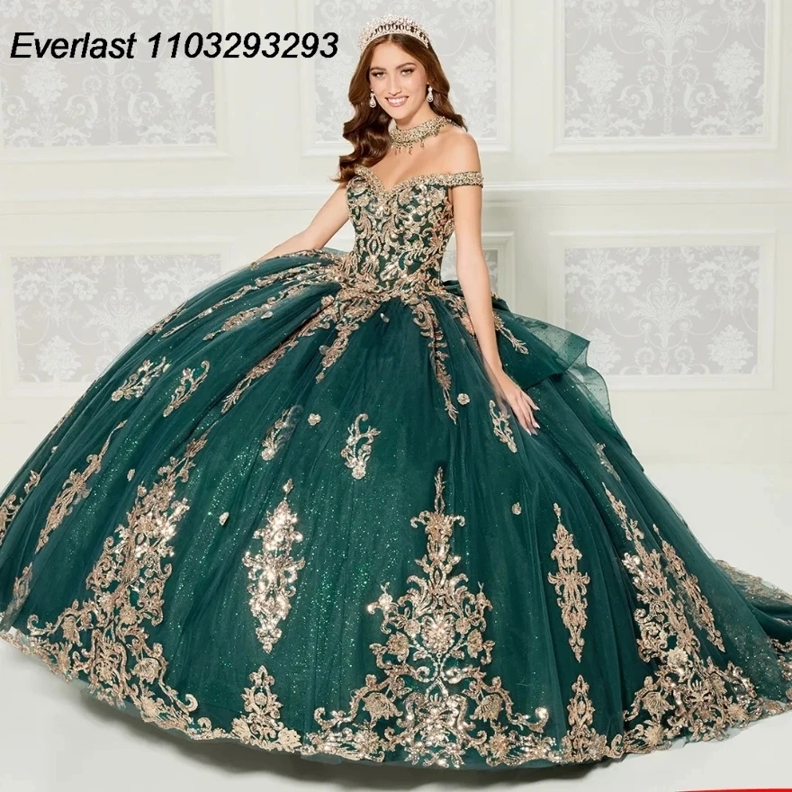 EVLAST abito Quinceanera verde smeraldo abito da ballo Applique in pizzo dorato perline di cristallo con fiocco dolce 16 Vestido 15 De aecos TQD205