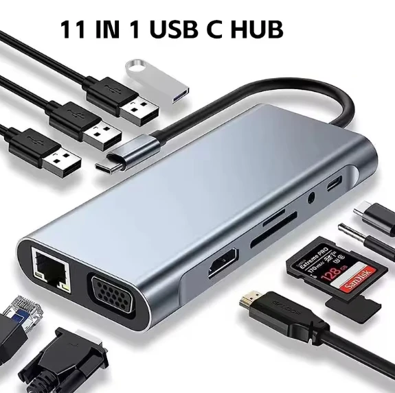 11‑in‑1 Type‑C Docking Station USB‑C Hub 4K HDTV USB3.0 5Gbps RJ45 PD SD TF Reader for Laptop PC