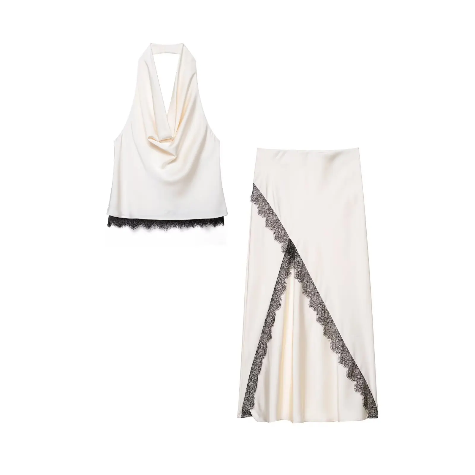 

2025 New Women Fashion Black Lace Stitching Soft Satin Skirt Female Summer Elastic Waist Split Vestidos