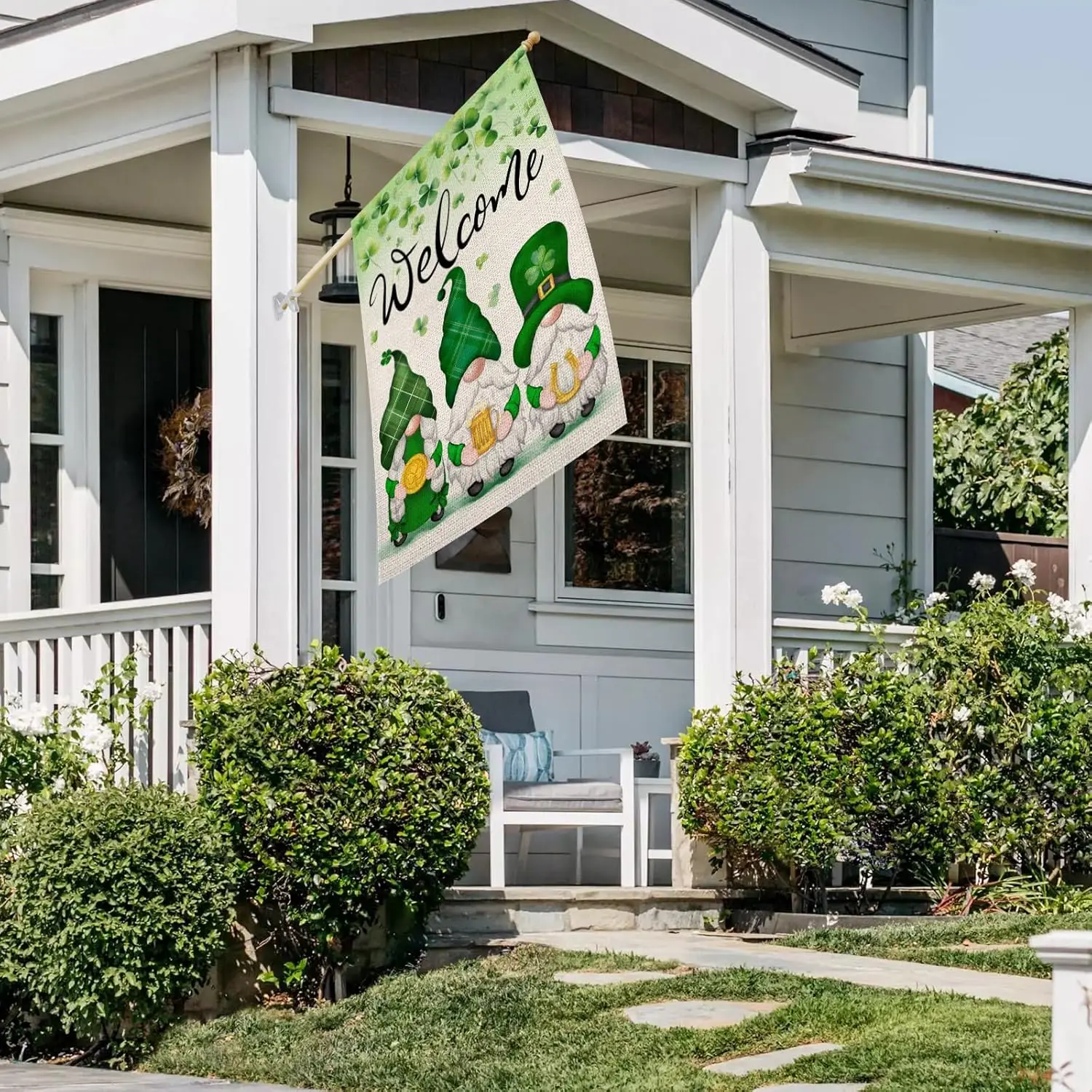 St Patricks Day House Flag 28x40 Inch Double Sided Gnomes Shamrocks Lucky Clovers Welcome Holiday Yard Large Garden Flag Out EEZ