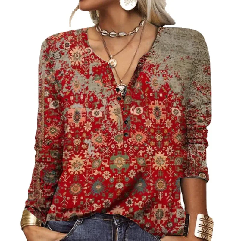 Autumn Women's Long Sleeve Shirts With Printed Ethnic Fashion T-shirt For Women T Shirts For Woman Футболка Женская Оверсайз
