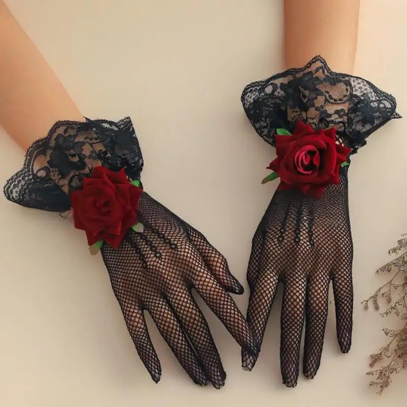 قفازات نسائية قصيرة من الدانتيل قفازات المعصم الزفاف مع زهرة للأوبرا مساء الزفاف حفلة موسيقية تأثيري 1920s 6XDA #2