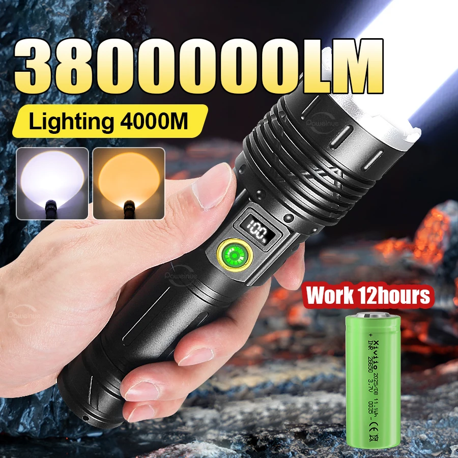 

3800000LM Супер мощный фонарик 26650 аккумуляторный фонарь дальнего действия 4 км сверхмощный фонарик для кемпинга и пешего туризма