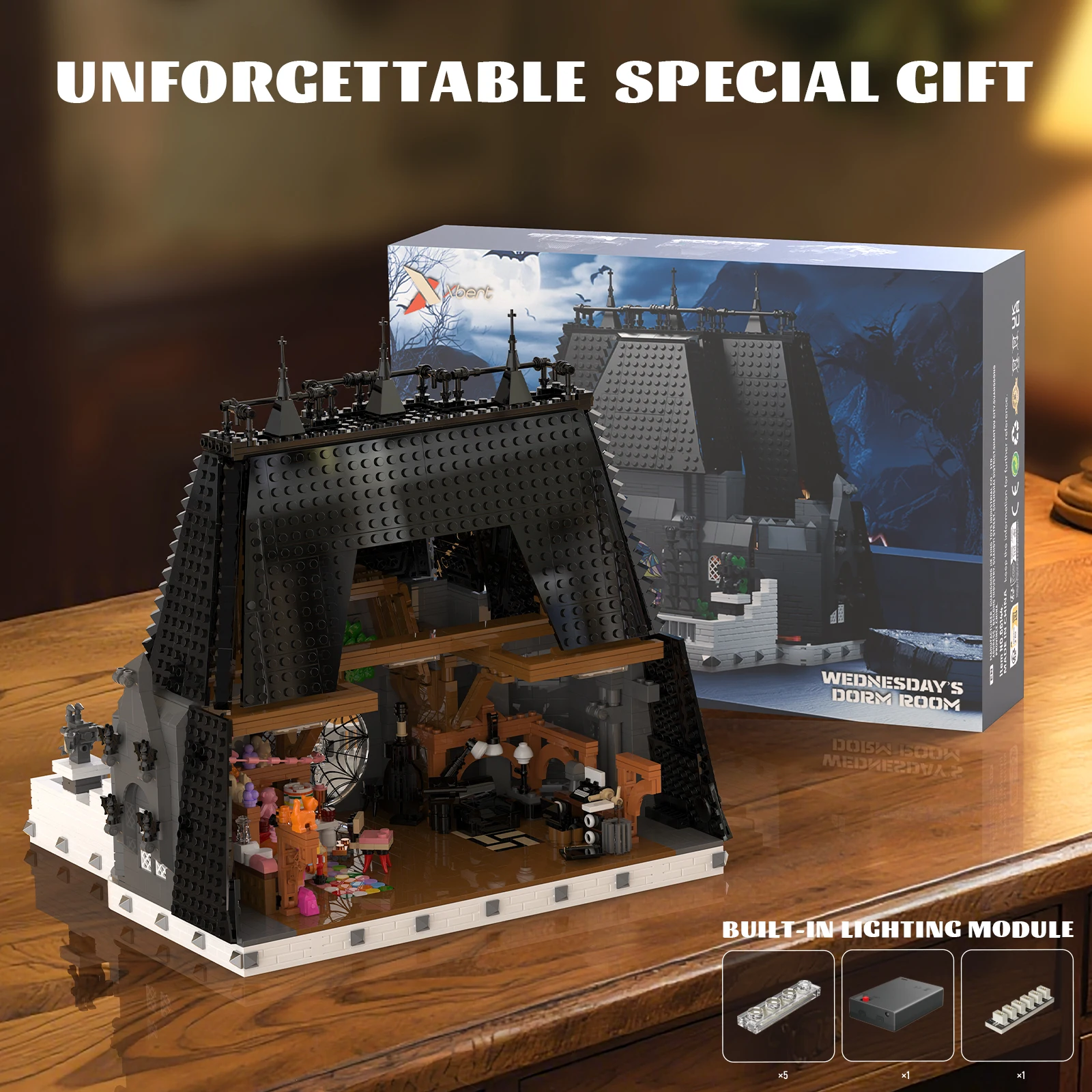 

MOC Wednesday Dormitory Scene Building Blocks Kit with Light - 2659PCS, Suitable For Halloween, Christmas Gifts
