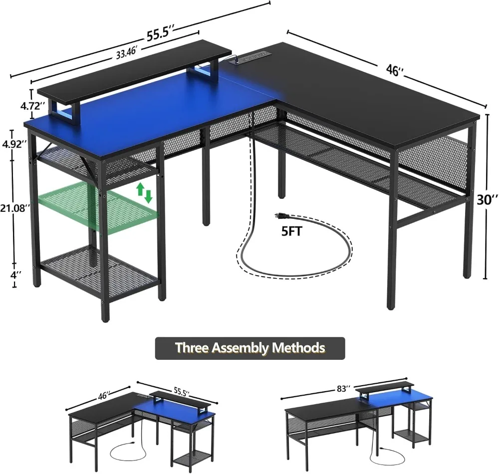 Reversible L Shaped Computer Desk with Magic Power Outlet and Smart LED Light, 55 Inch Large Office Corner Desk with Ergonomic