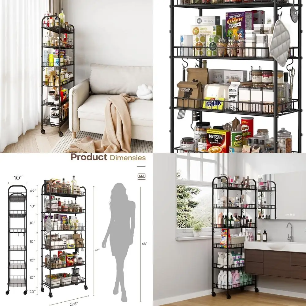 

6-уровневая металлическая тележка с колесами для компактных помещений: идеально подходит для офиса, ванной комнаты, кухни и стирки.