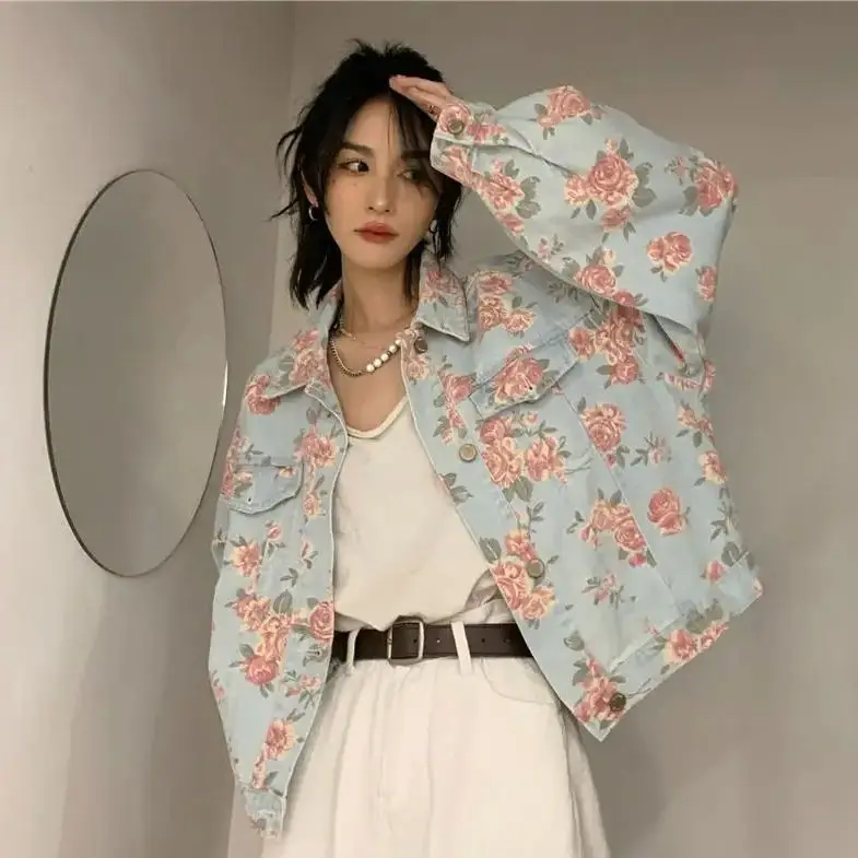 

Chinese Style Shirts Women Modern Crop Tops Pure Summer All-Match Sweet Girl Women Floral Denim Jacket Korean Ladylike Spring Au