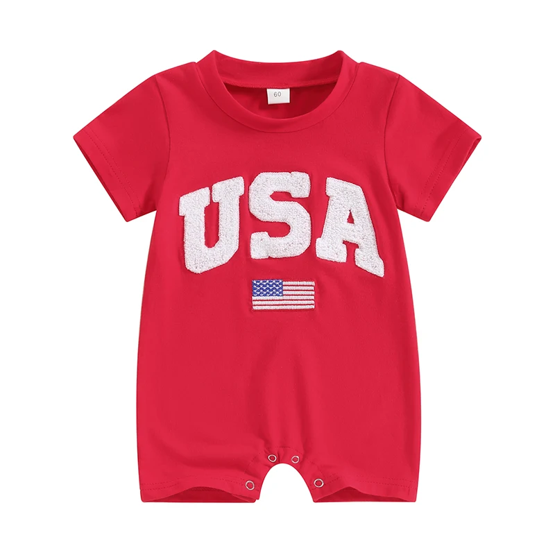 

4th of July Baby Rompers Infant Girls Boys Fuzzy Letter Flag Embroidery Crew Neck Short Sleeve Bodysuits Summer Jumpsuits