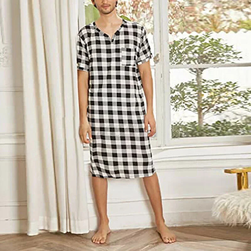 

Модная мужская клетчатая ночная рубашка, халат для сна, повседневная одежда для сна в стиле пэчворк, одежда для сна с коротким рукавом, свободная Ночная сорочка с V-образным вырезом
