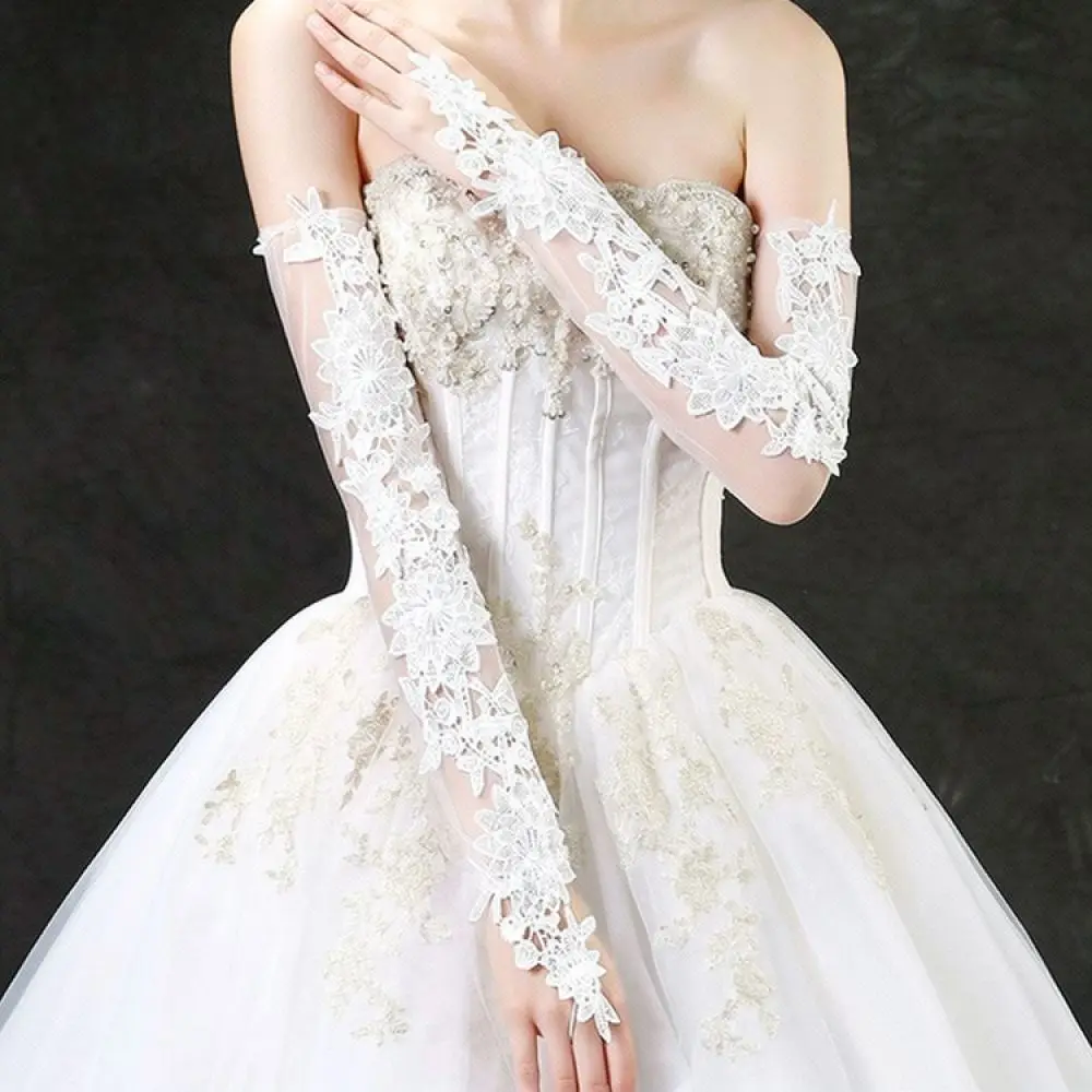 Long Lace Bridal Gloves Women White Sheer Mesh Hollow Out Wedding Party Sleeves Elegant Formal Ceremony Hand Decor