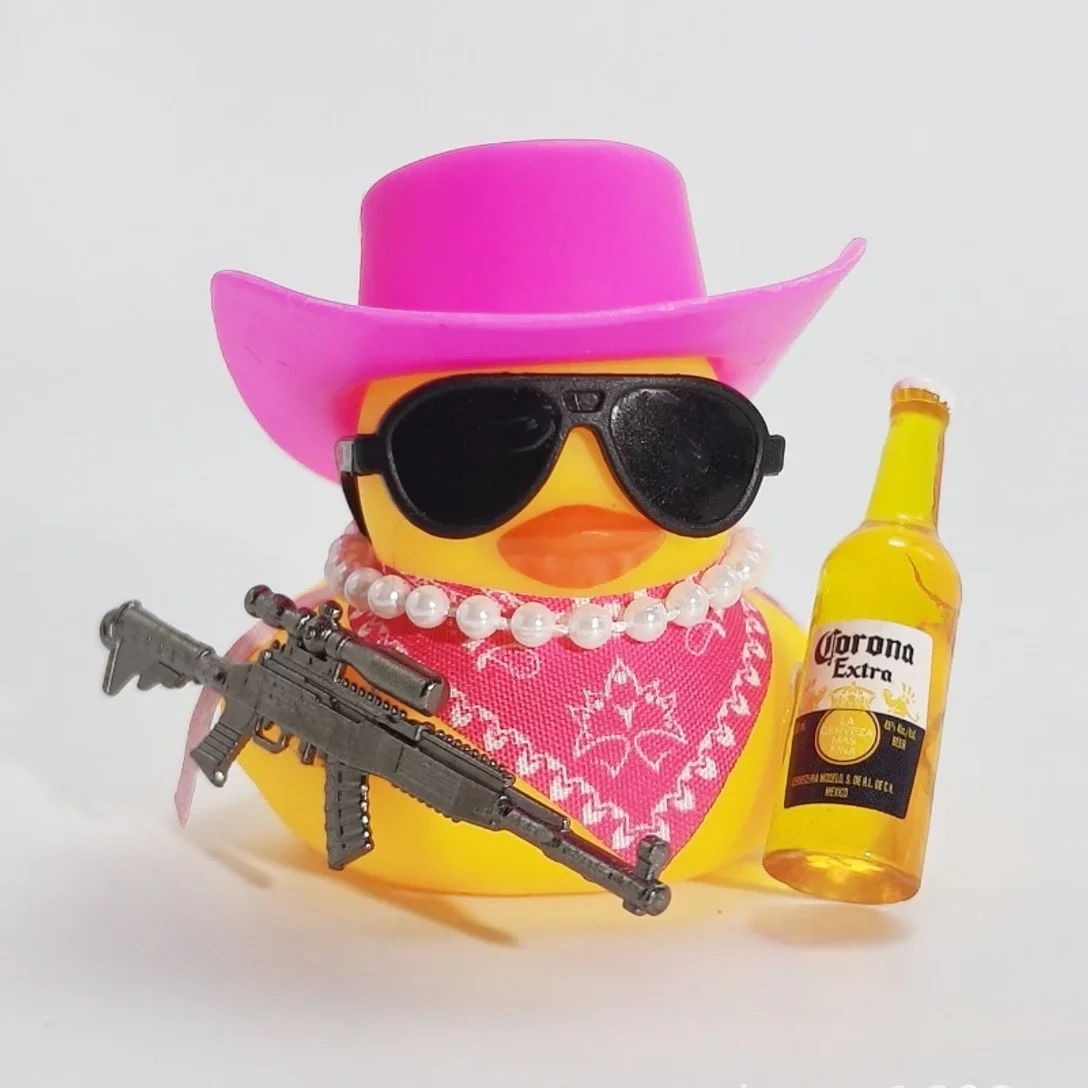 

Cute Fortunate Rich Duck Car Dashboard Decoration Yellow Black Duck with Cowboy Hat Scarf Bottle for Women Men Car Ornament