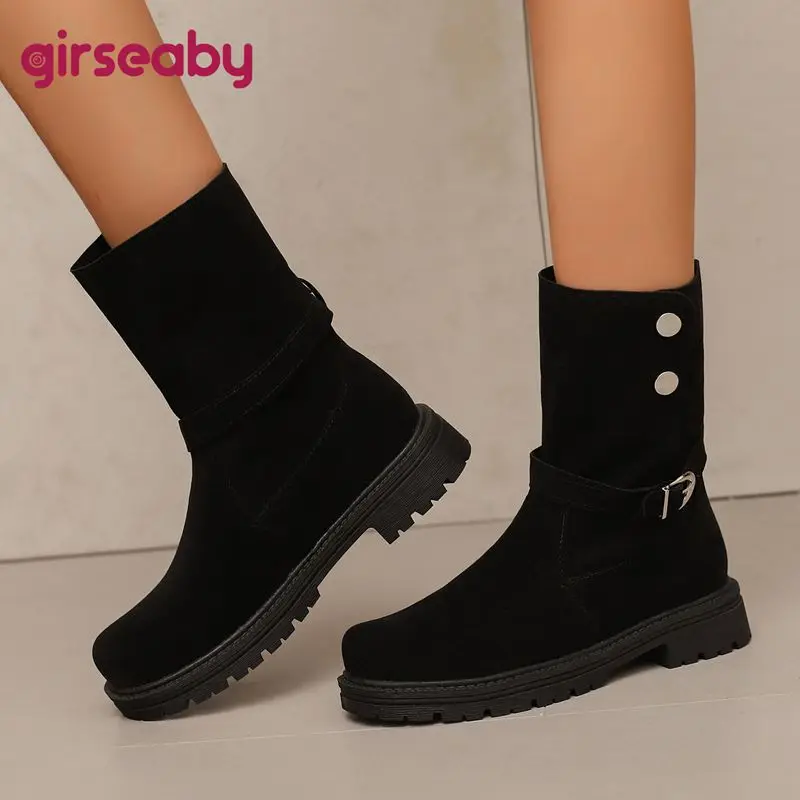 

Girseaby Retro Flock Suede Female Mid Calf Boots Round Toe Flats Button Belt Buckle Extended Size 47 48 49 50 Soft Black