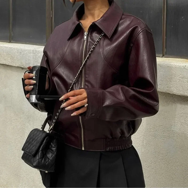 Trendix Loose PU Jacket Coats For Women Autumn Winter Long Sleeve Lapel Wine Red Coats Vintage Fashion Commuting Bomber Jackets