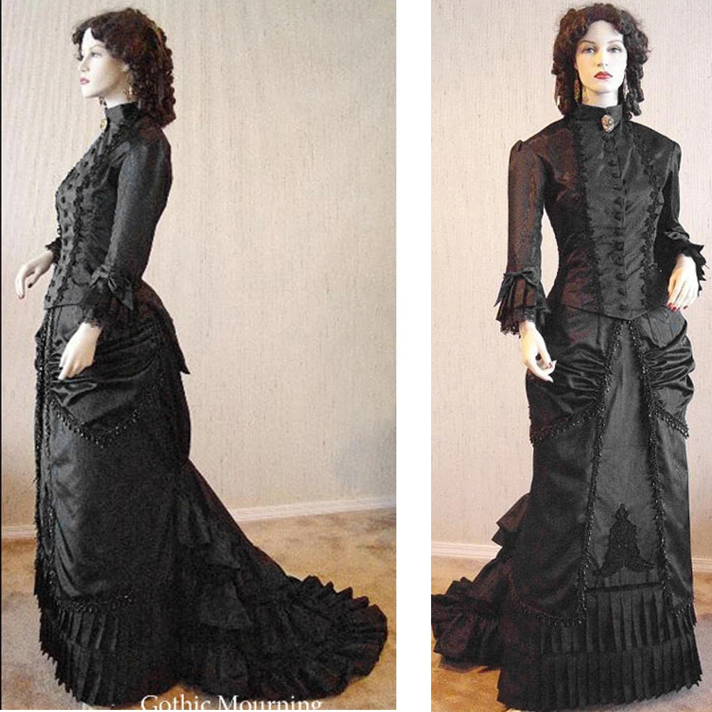 ชุดวิคตอเรียวิคตอเรียชุดสีดำชุดยุคกลาง Gothic Vampire ชุด Theatre เครื่องแต่งกาย Victorian Mourning Dress