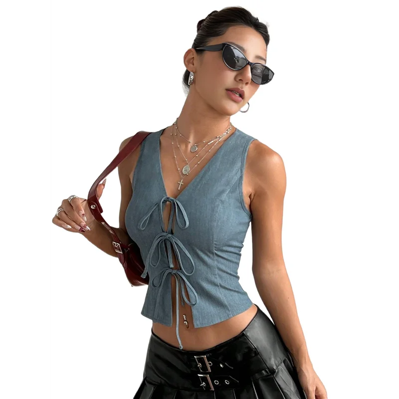 Hot Kf-Vrouwen Tie Front Vest Top Open Front Crop Tanks Zomer Vest Mouwloos Y2K Outfits Shirt