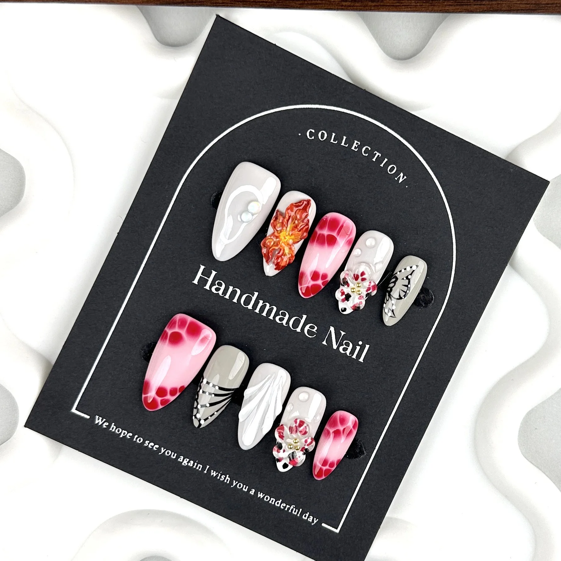 Imprensa artesanal em unhas 3d mão esculpida flores design unhas falsas wearable cobertura completa especiarias meninas em forma de amêndoa dicas de unhas falsas