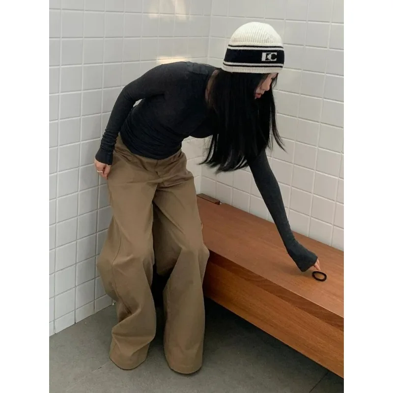 Jeans Tepi Pisau Retro Amerika Celana Panjang Lantai Kasual Lurus Kaki Lebar Longgar Musim Panas Wanita Desain Pelangsing Nyaman Wanita