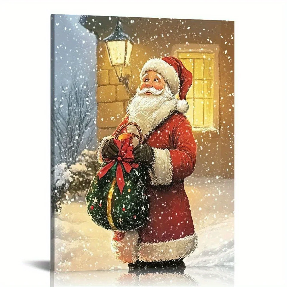 

Santa Gifts Snowy Night Mural Framed Father Christmas Art Paintings Suitable for Decorating with Canvas Frames Christmas Houses