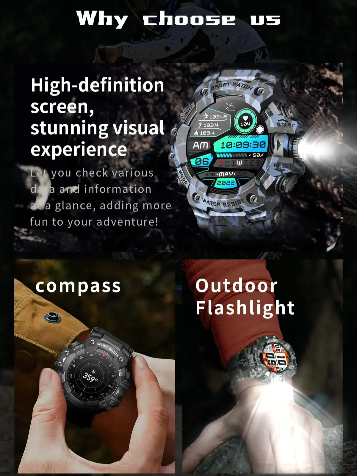 Fashionable And Cool Bluetooth Call Color Waterproof Military Smart watch Outdoor Sports With Flashlight SOS Compass