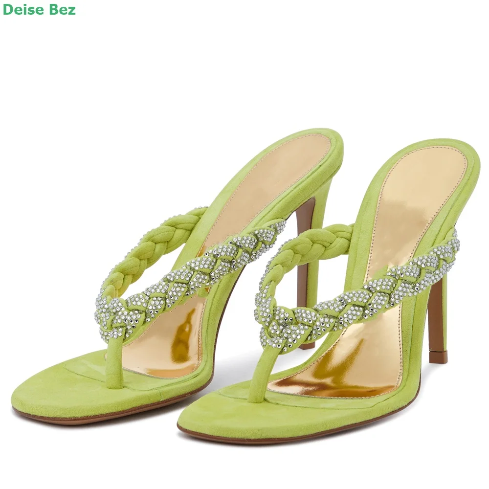 Green Flip Flop Crystal Sipppers Woven Design Square Toe Thin High Heel Solid Simple Fashion Casual Summer Wmen Outsiade  Slides