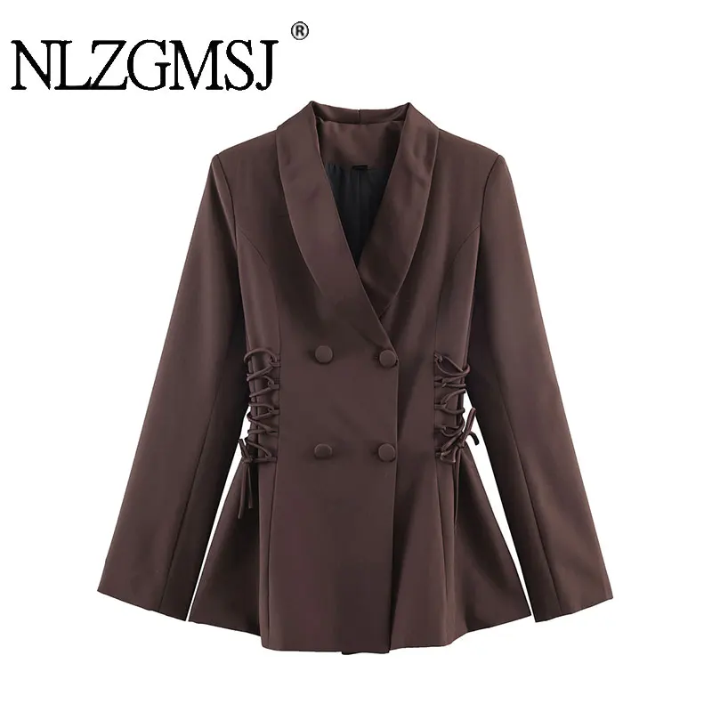 Nlzgmsj 2026 Office Lady Chic Brown Blazer Women V Neck Waist Strap Long Sleeve Jackets Fashion Vintage Elegant Slim Blazer