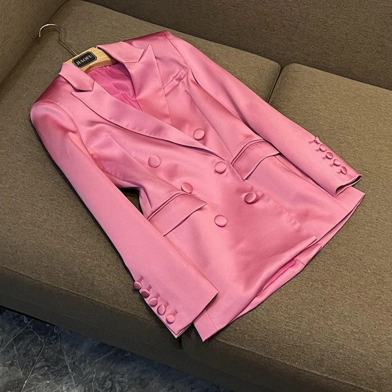 Pink Satin Slim Fit Blazer Hip-covering Skirt Fashionable Commuting Two-piece Set