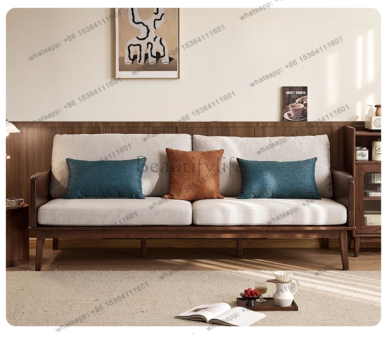 North American black walnut sofa Nordic simple solid wood living room furniture household three-person fabric