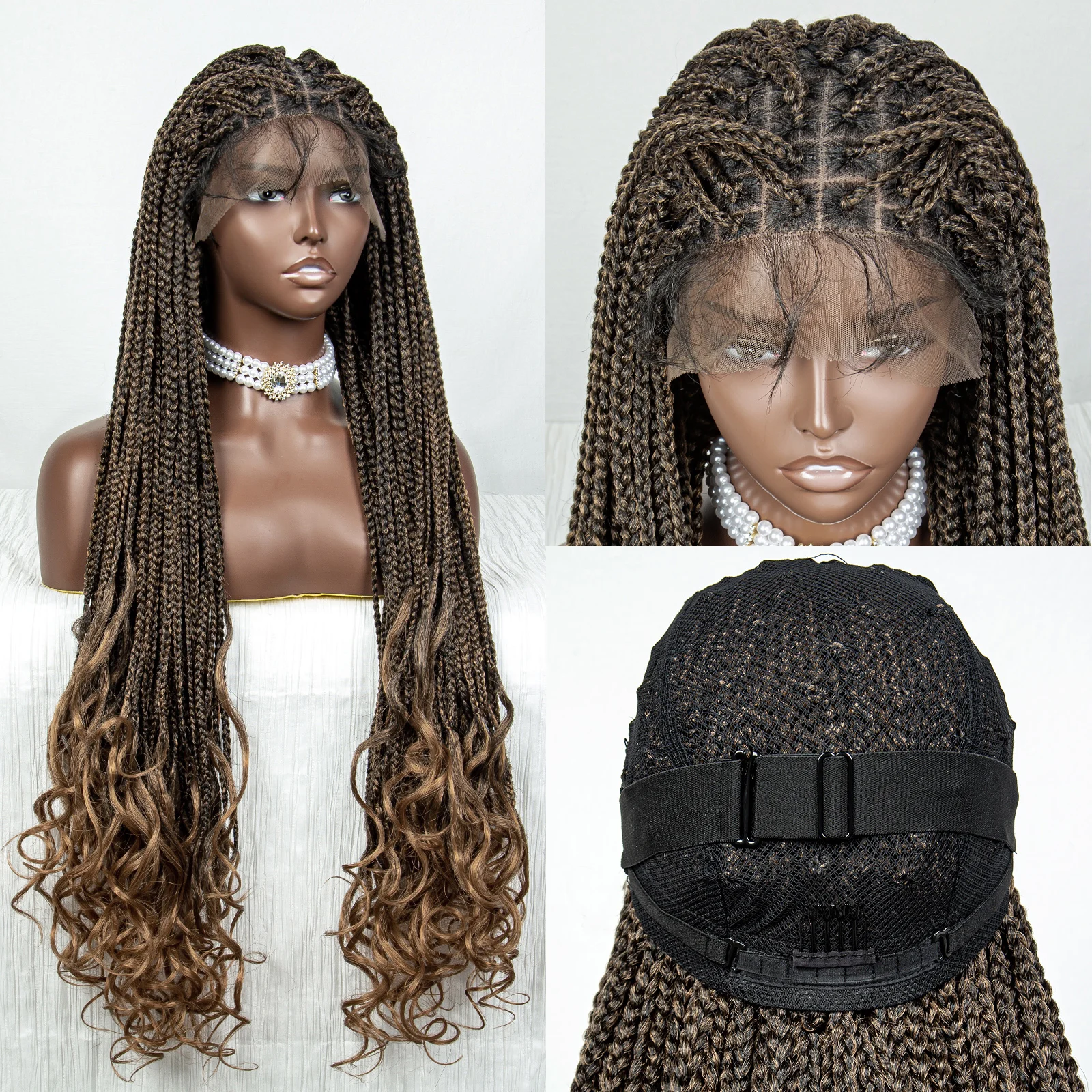 Ombre Full Lace Braided Wigs with Wavy End Synthetic Lace Front Braid Wig for Black Women Knotless Box Braids Wig with Baby Hair