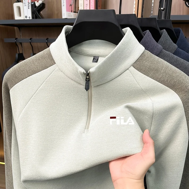 Trendiges T-Shirt mit halbem Reißverschluss und Stehkragen, bedruckt, Herbst-Winter, winddicht, warm, Farbblock-Design, langärmelig, Business-Casual-Herrenbekleidung – Detail 8
