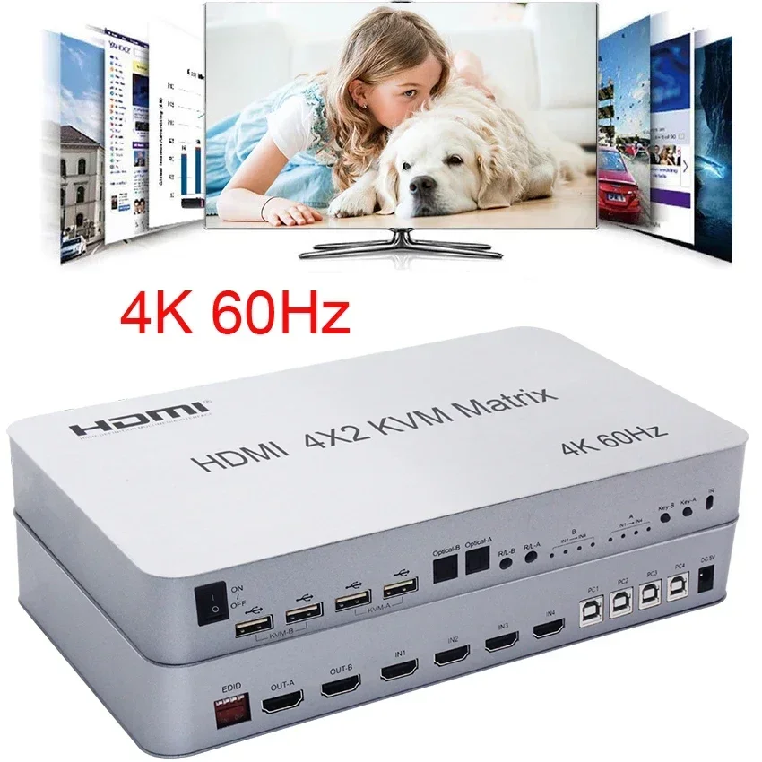 4K 60Hz 4x2 HDMI KVM Matrix HDMI Switch Splitter 4 In 2 Out PC To TV Dual Display Support USB Keyboard Mouse Control 4 Computer