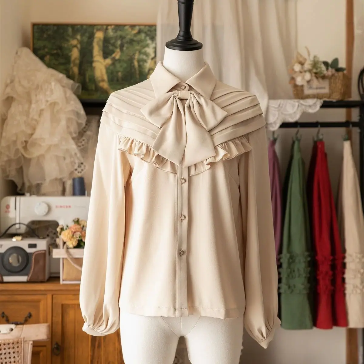 

Bow shirt elegant CLA versatile vintage style with Lolita shirt inside, Lolita long sleeve women shirt blusas mujer